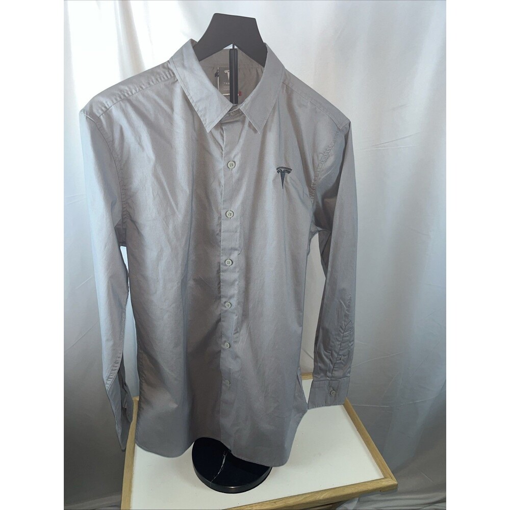 Tesla Men’s Gray Long Sleeve Button Down Shirt Size M Cars Casual Uniform Cars